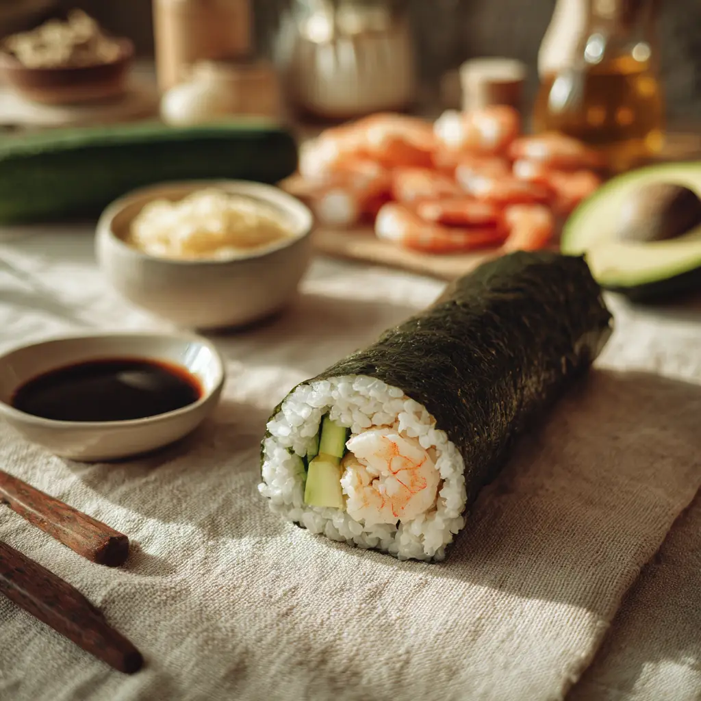 Ingredients For A Shrim Ingredients for a shrimp tempura roll laid out