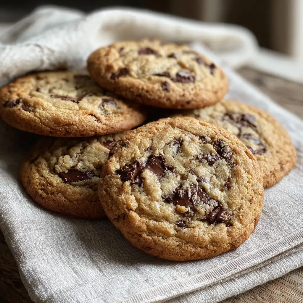 Home 5 Chocolate chip cookies on beige linen in rustic kitchen