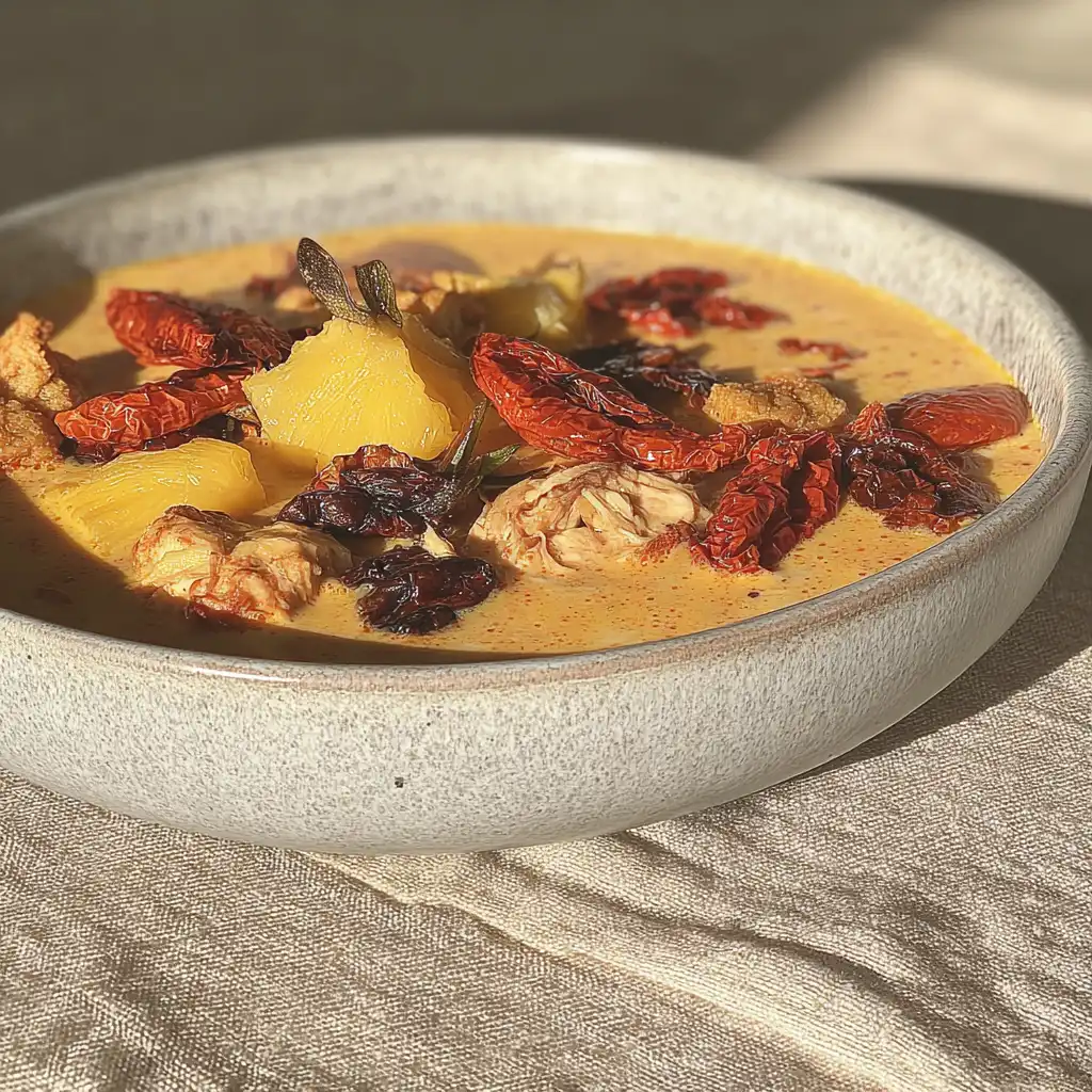 Home 5 Marry Me Chicken Soup in rustic bowl with basil and sun-dried tomatoes