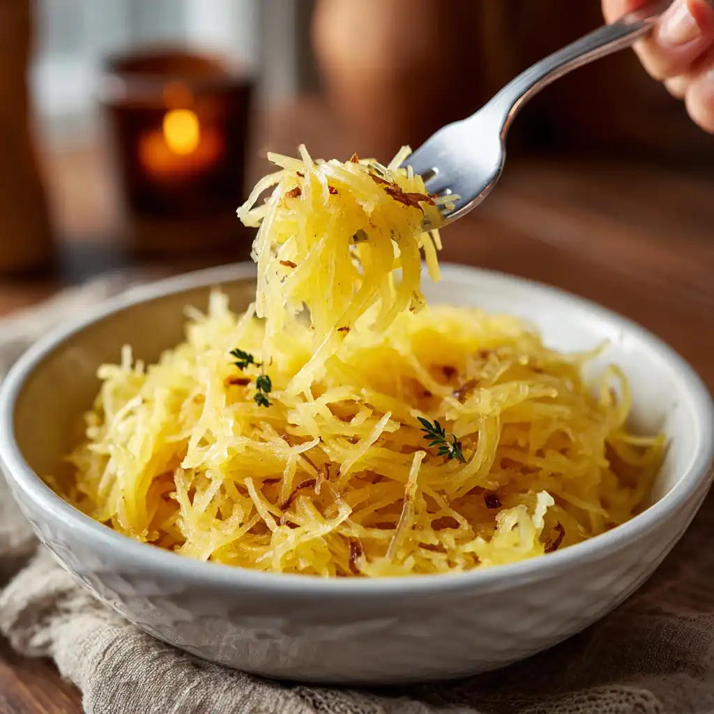 Home 2 Roasted spaghetti squash strands lifted with a fork