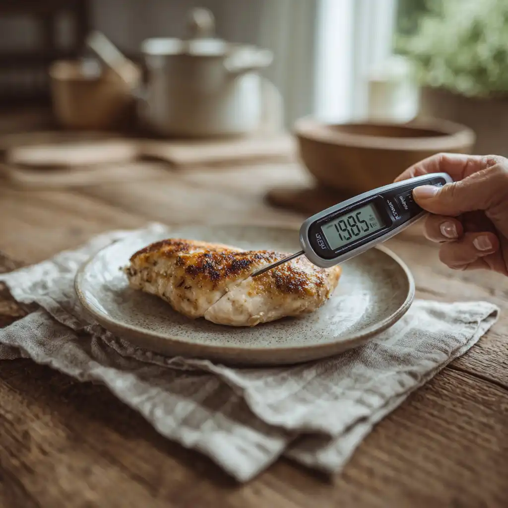 Home 3 Checking the temp of cooked chicken with a digital thermometer