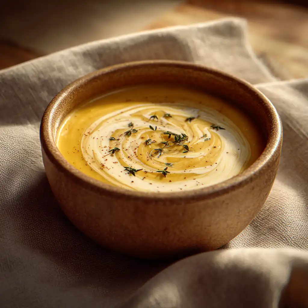 Bowl of creamy buttermilk squash soup with thyme garnish