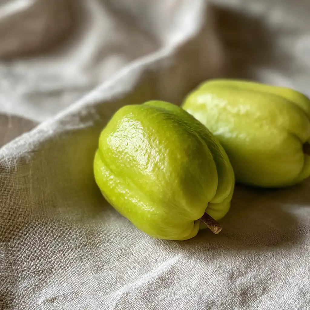 fresh chayote fruit on beige cloth in rustic kitchen