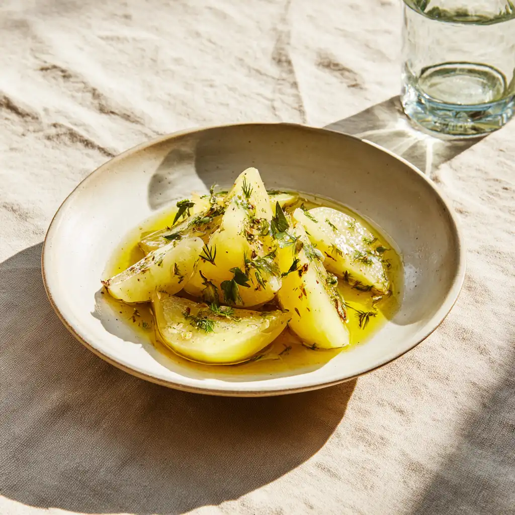 Cooked chayote vegetable served in a ceramic bowl