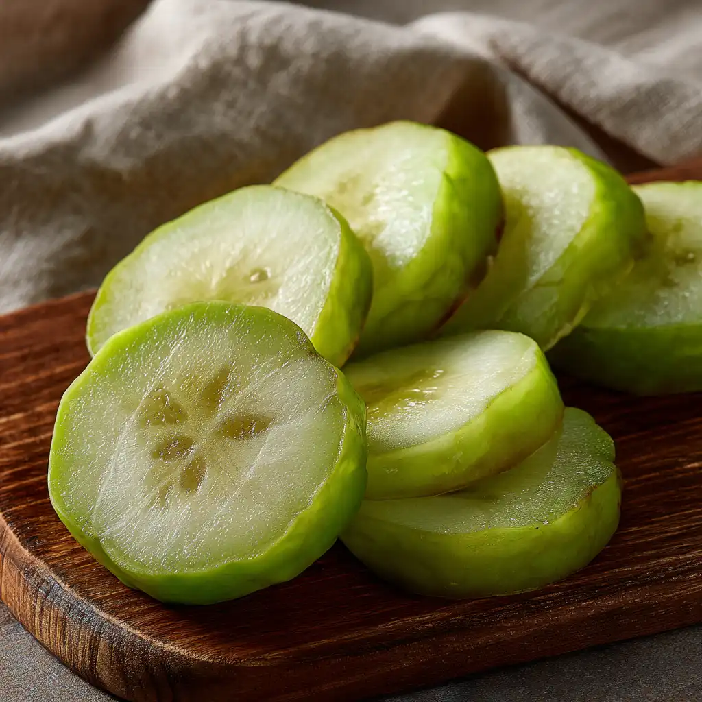 fresh sliced chayote food on rustic kitchen board