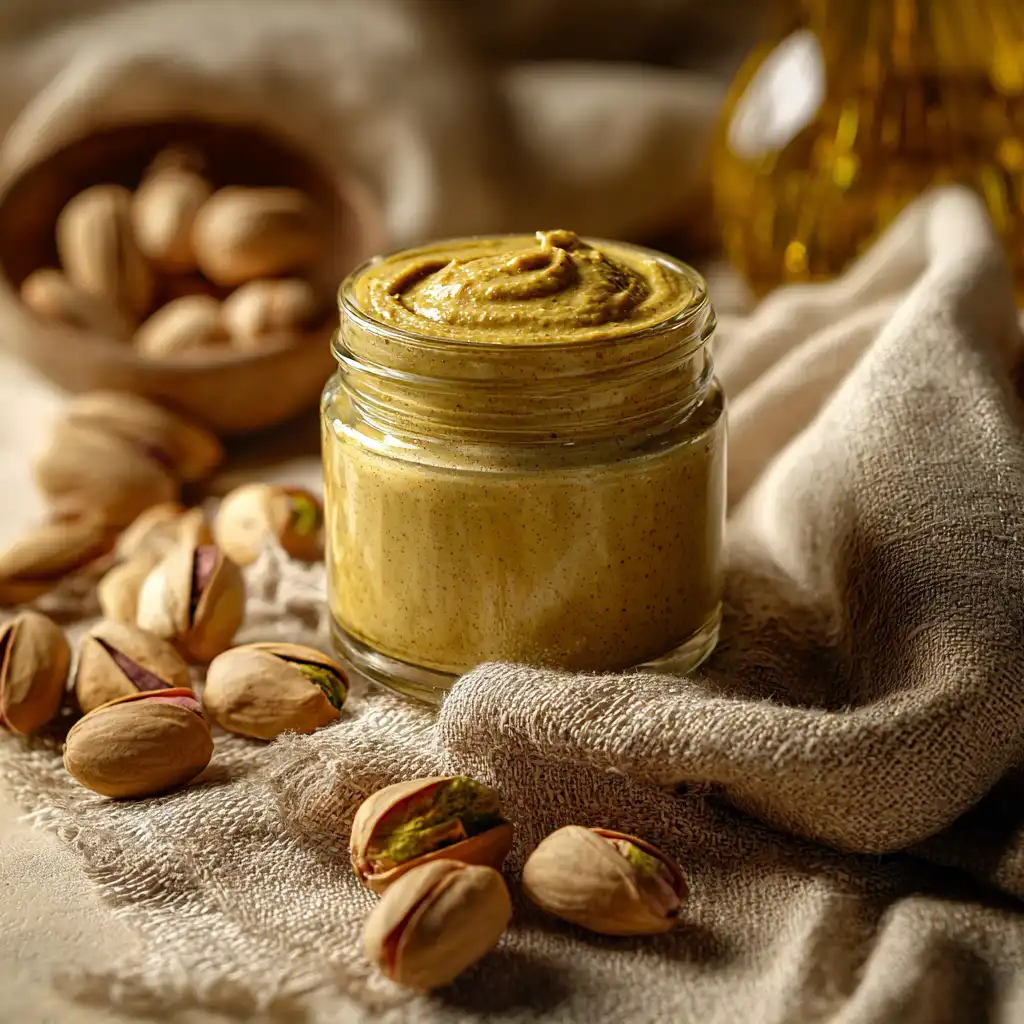 pistachios paste in a glass jar on beige linen