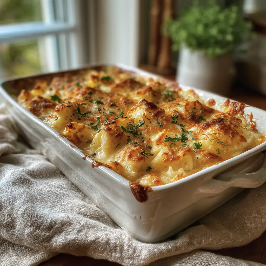 sweet tater casserole in a rustic baking dish