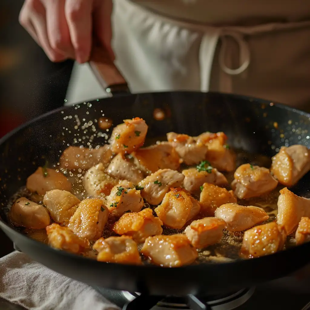 garlic butter chicken bites skillet recipe preparation steps