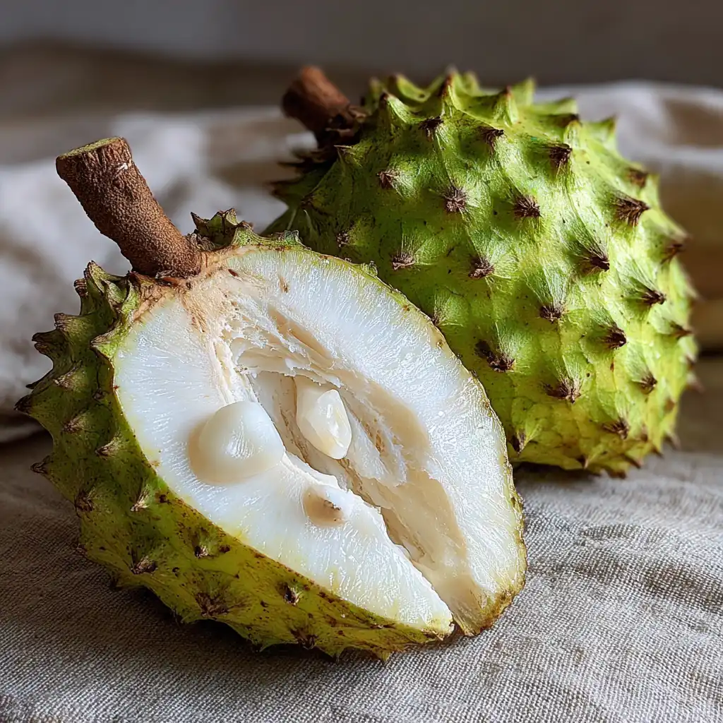 Home 3 fresh soursop fruit cut open showing white flesh