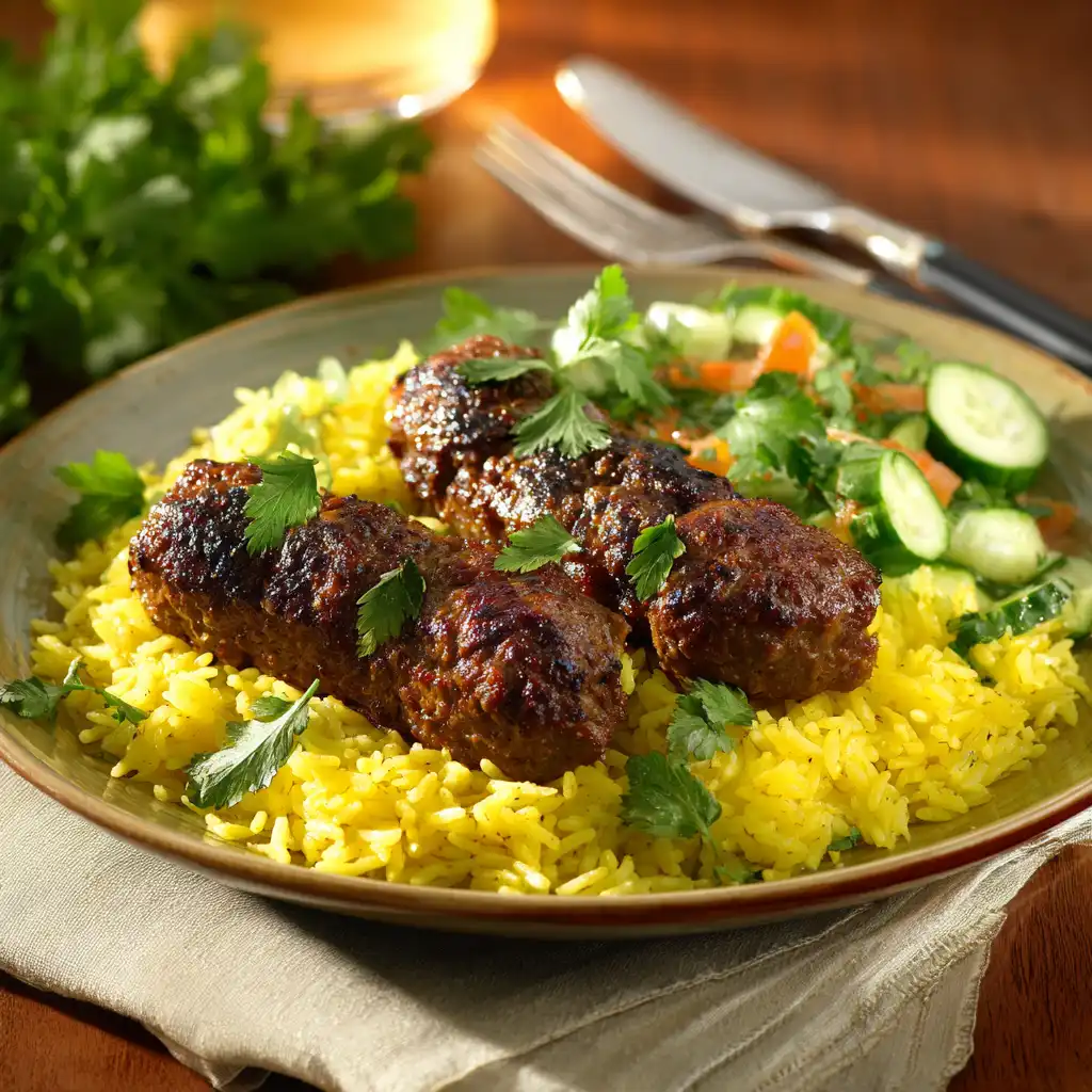 beef kofta kebab with rice preparation