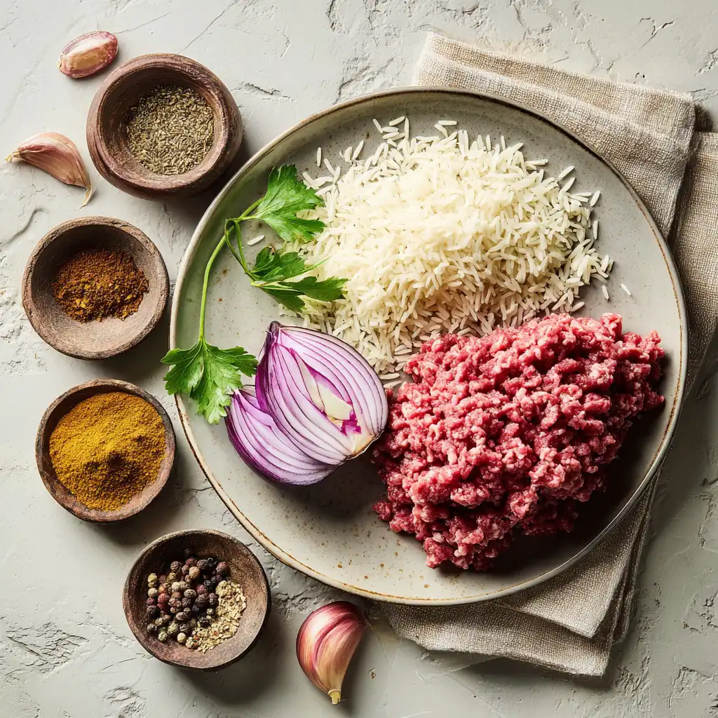 beef kofta kebab with rice ingredients