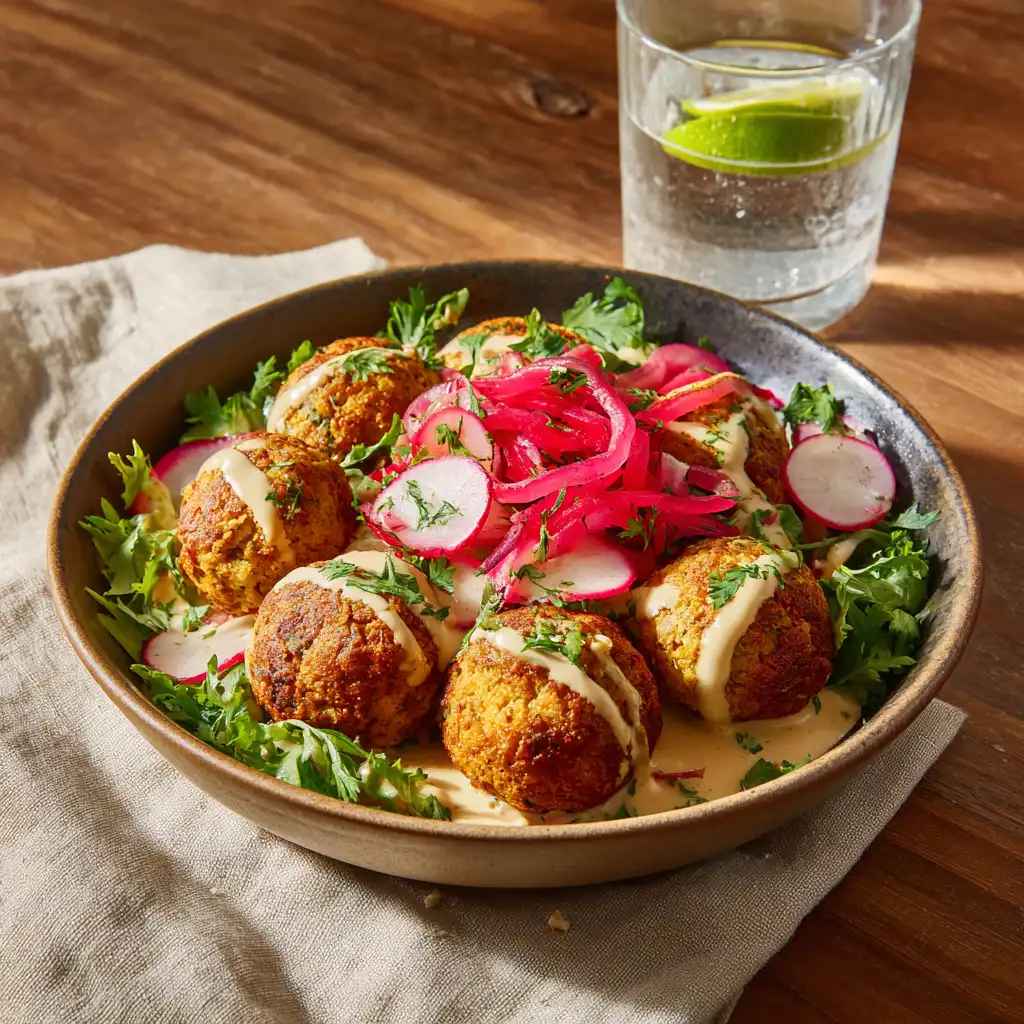 falafel bowl with tahini sauce preparation