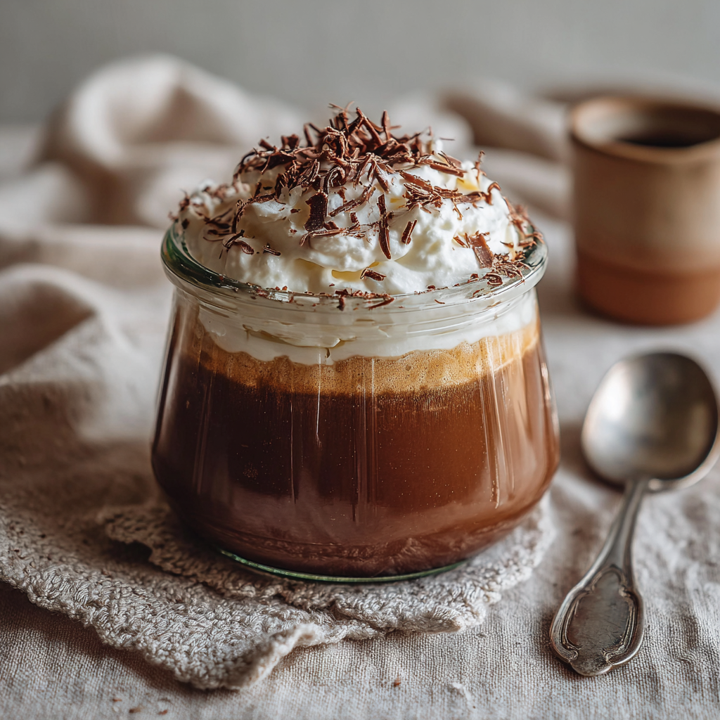 espresso budino with chocolate shavings and whipped cream in glass jar
