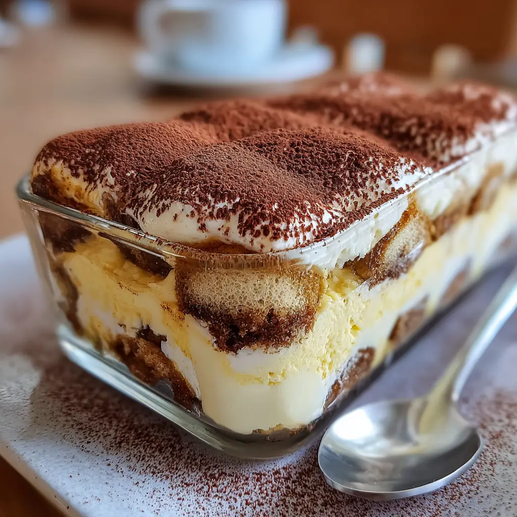 Tiramisu maison in glass dish with cocoa dusting