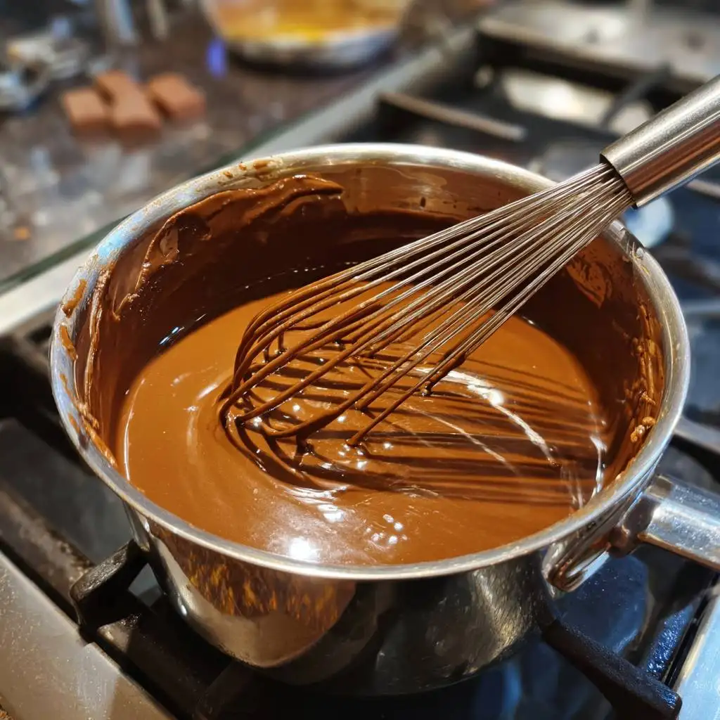 Whisking chocolate custard for bill's chocolate budino in pot