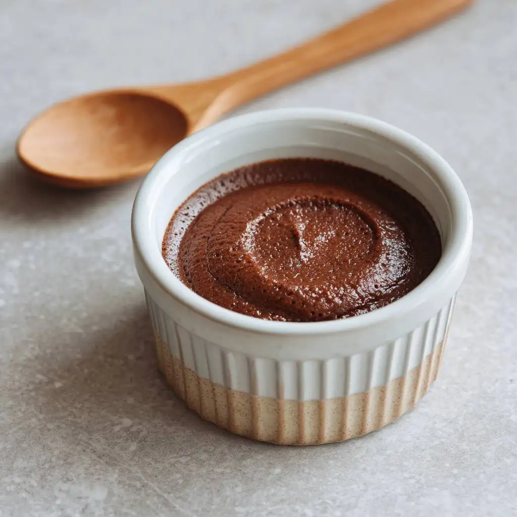 Chocolate budino dessert with visible calorie and nutrition label