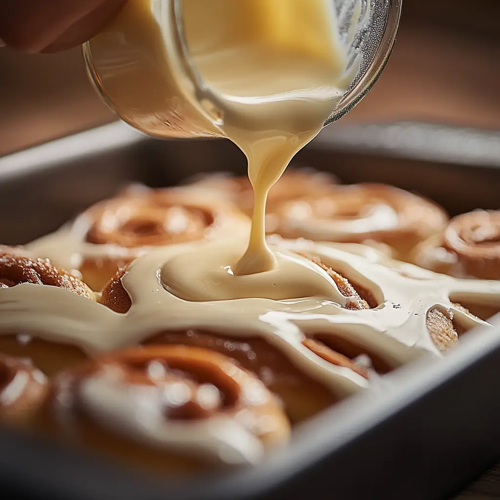 Pouring heavy whipping cream on cinnamon rolls