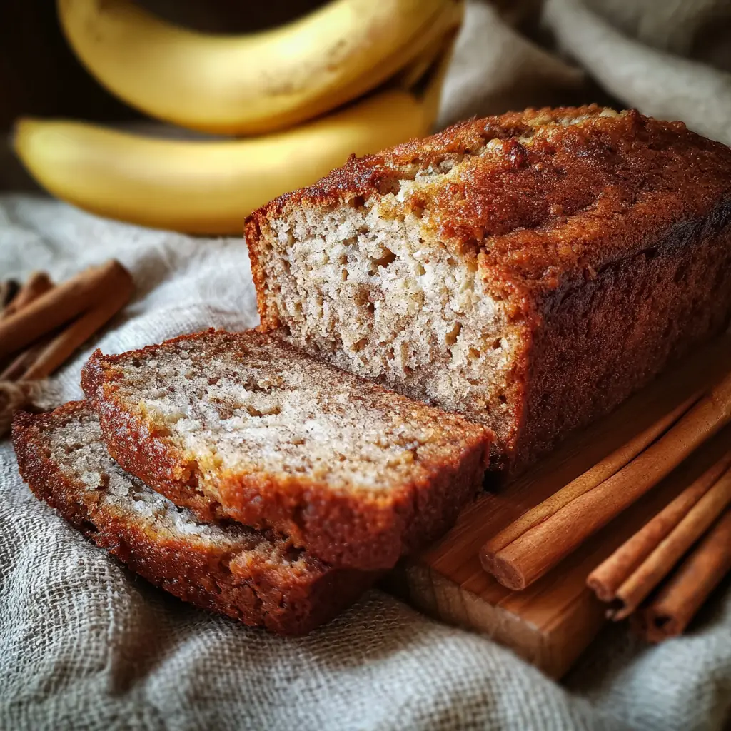 Freshly sliced banana cinnamon bread loaf on wooden board