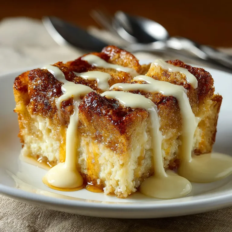 close-up of bread pudding with vanilla sauce drizzle