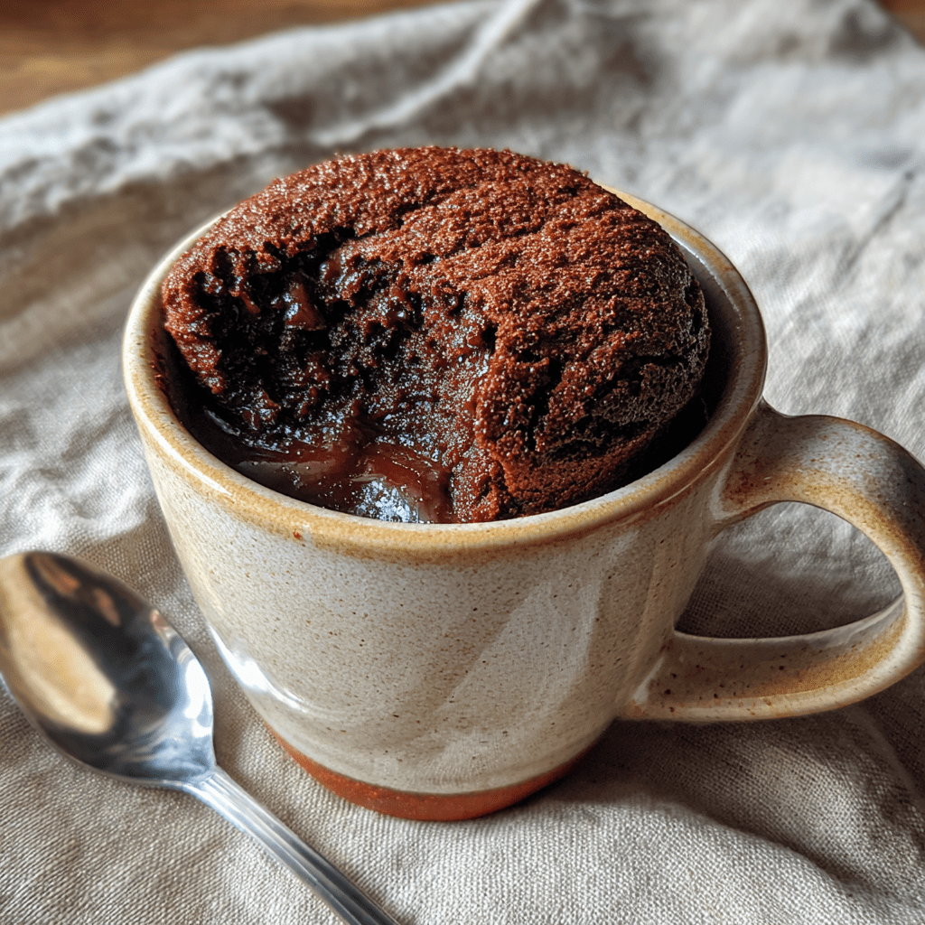 gooey brownie in a mug on a wooden counter