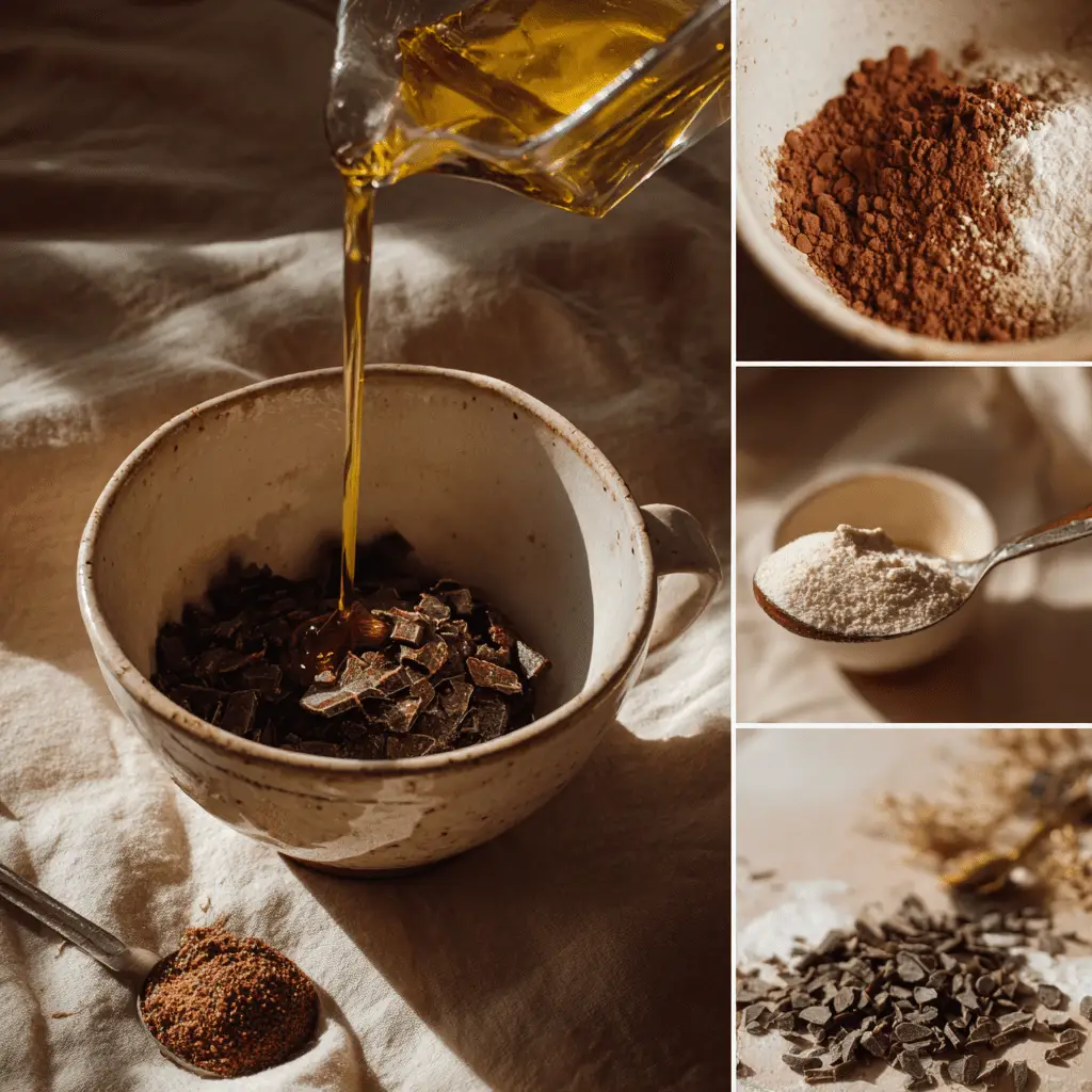 brownie in a mug ingredients being mixed