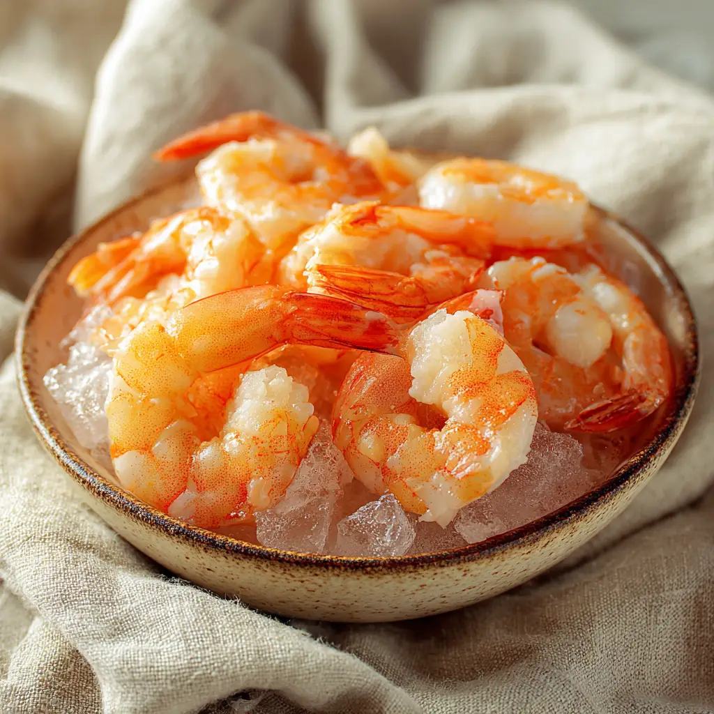 close-up of frozen shrimp on ice