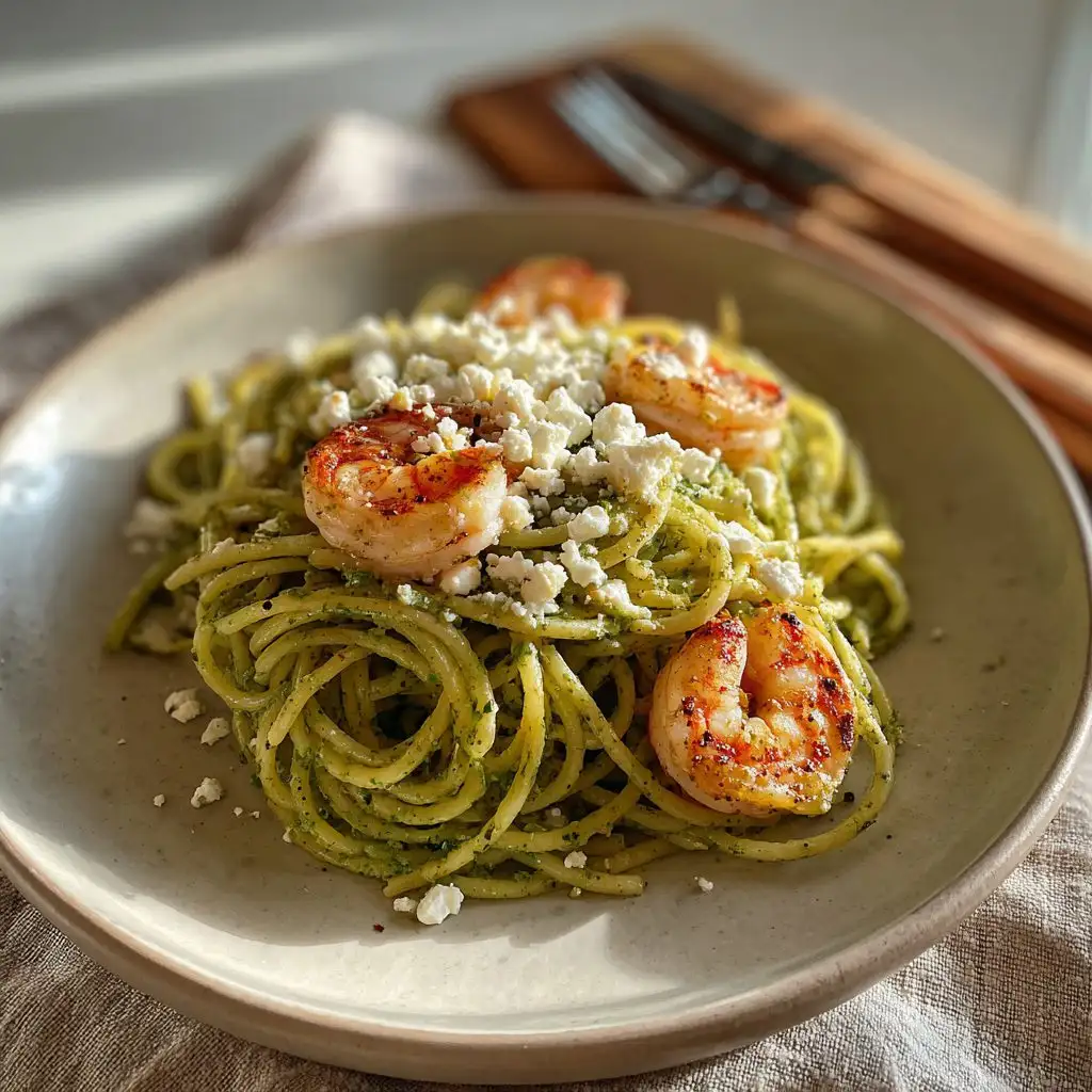 green spaghetti with grilled shrimp and cheese