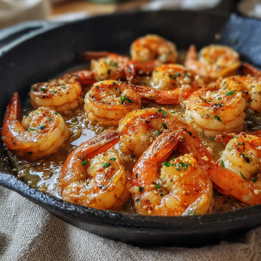Close-up of Hawaiian garlic shrimp cooking with garlic butter