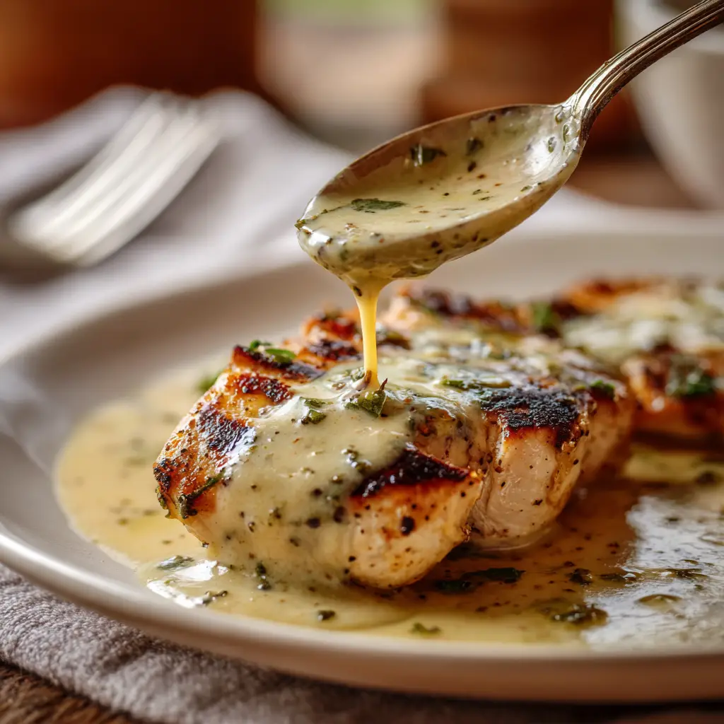 poblano cream sauce drizzled on grilled chicken