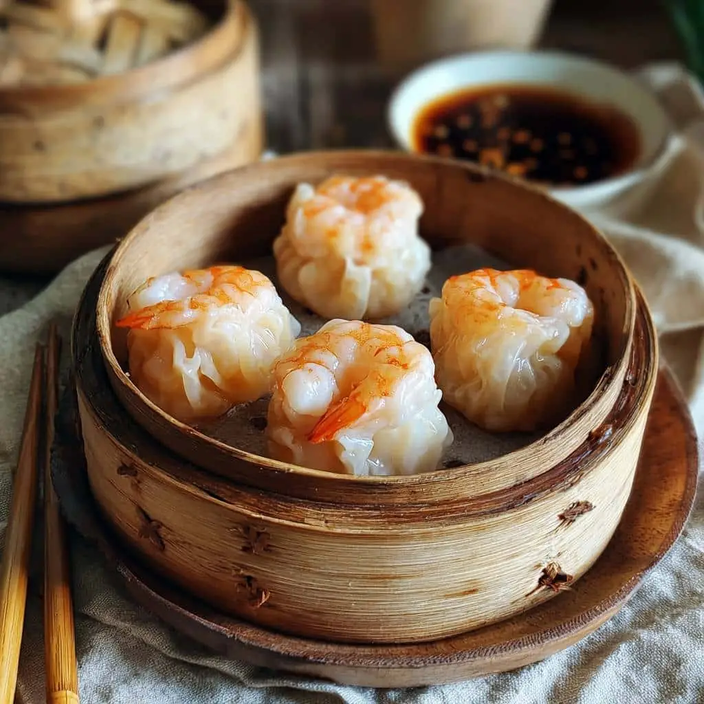 Shrimp shumai freshly steamed in bamboo steamer