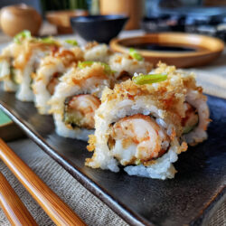 Shrimp tempura sushi close-up