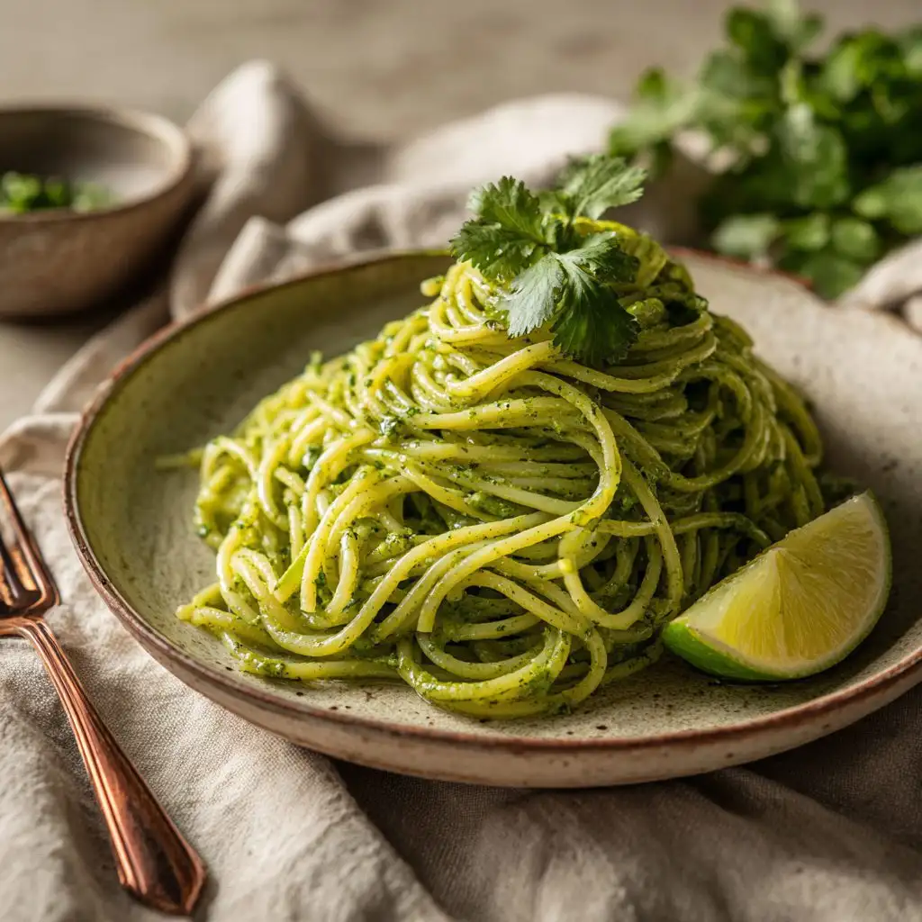 styled green spaghetti on ceramic plate
