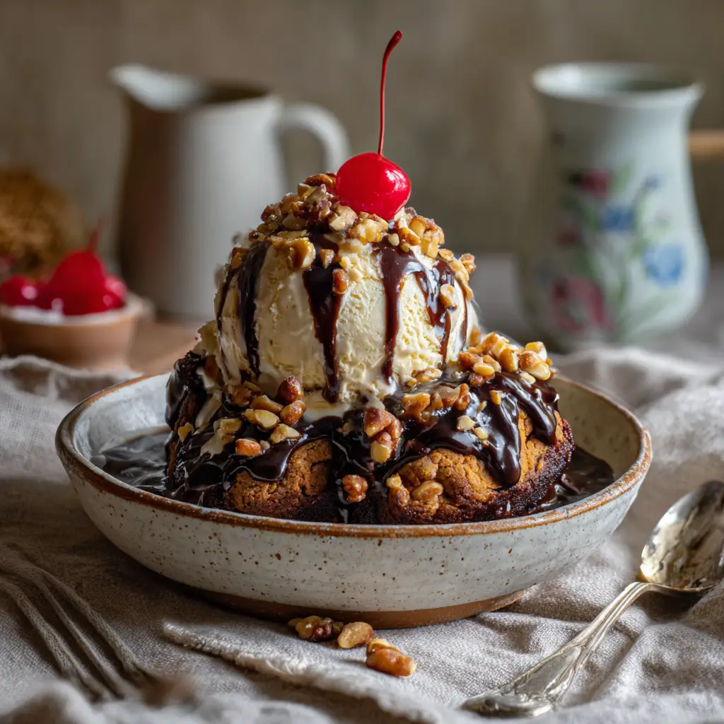 sweet potato brownie sundae with vegan ice cream