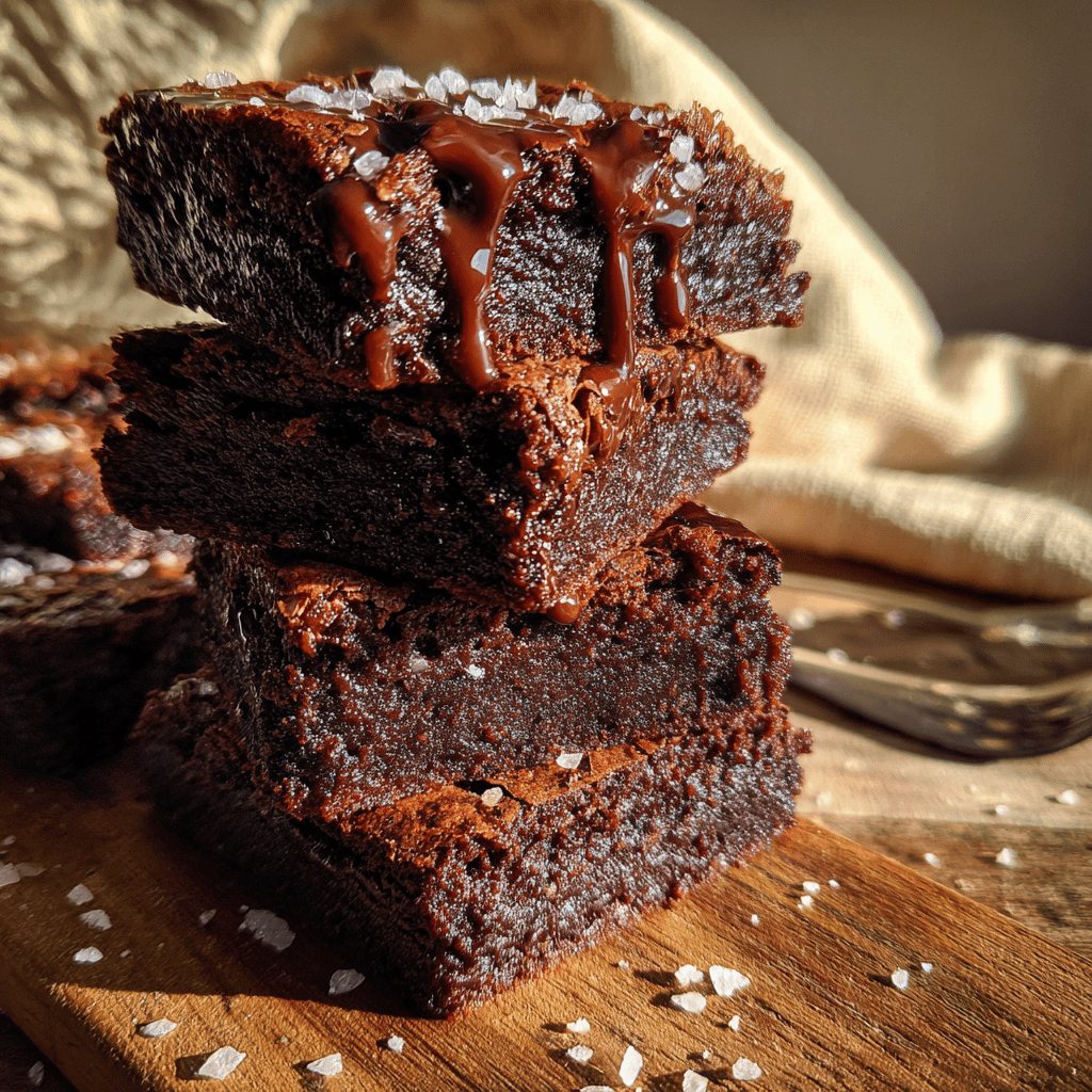 fudgy sweet potato brownies stacked on wooden tray
