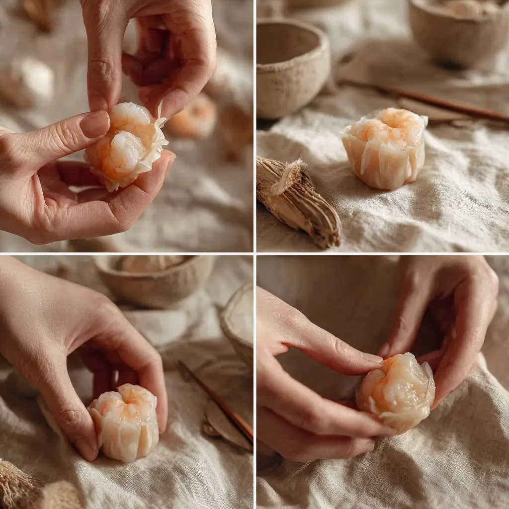 Hands wrapping shrimp shumai dumplings