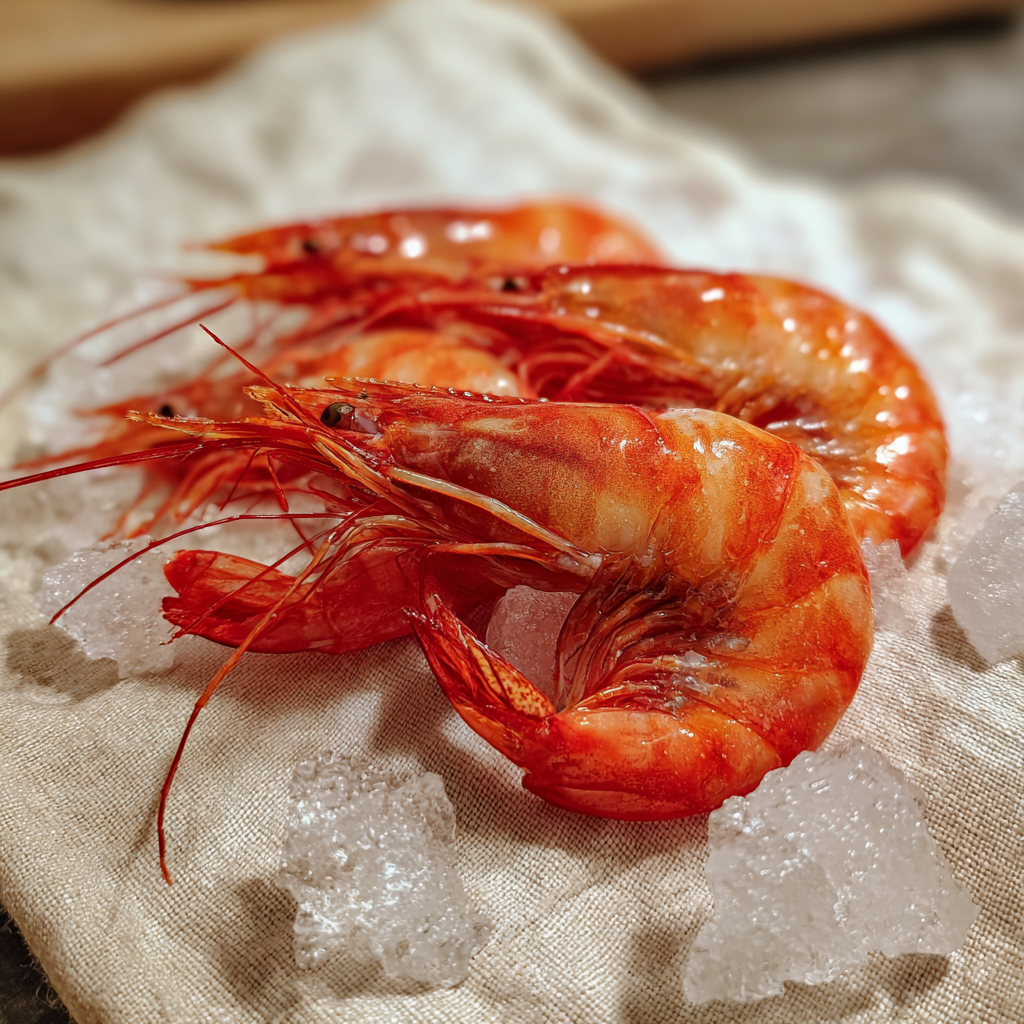 Raw Argentine red shrimp on ice – seafood close-up