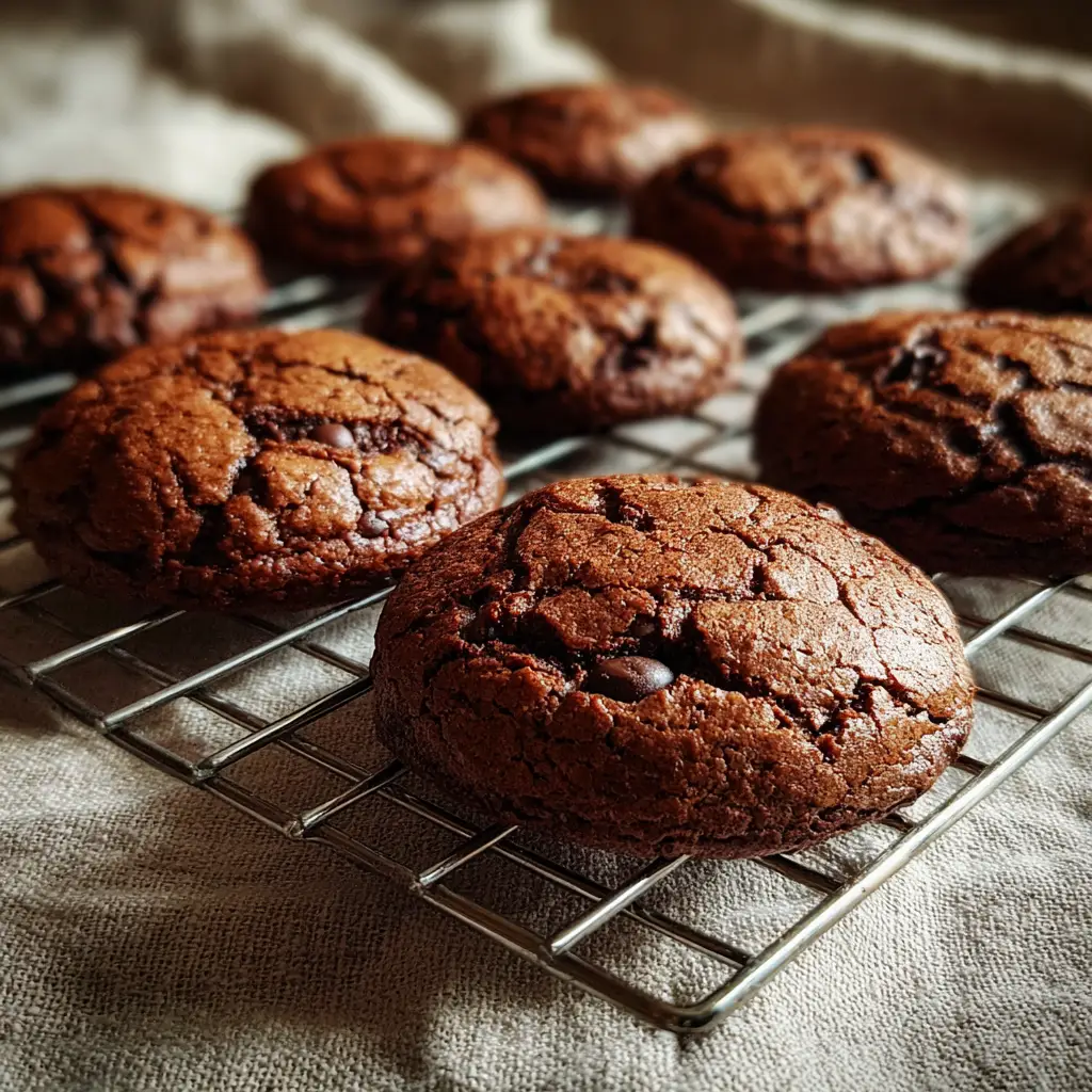 Freshly baked brownie mix cookies cooling on a rack