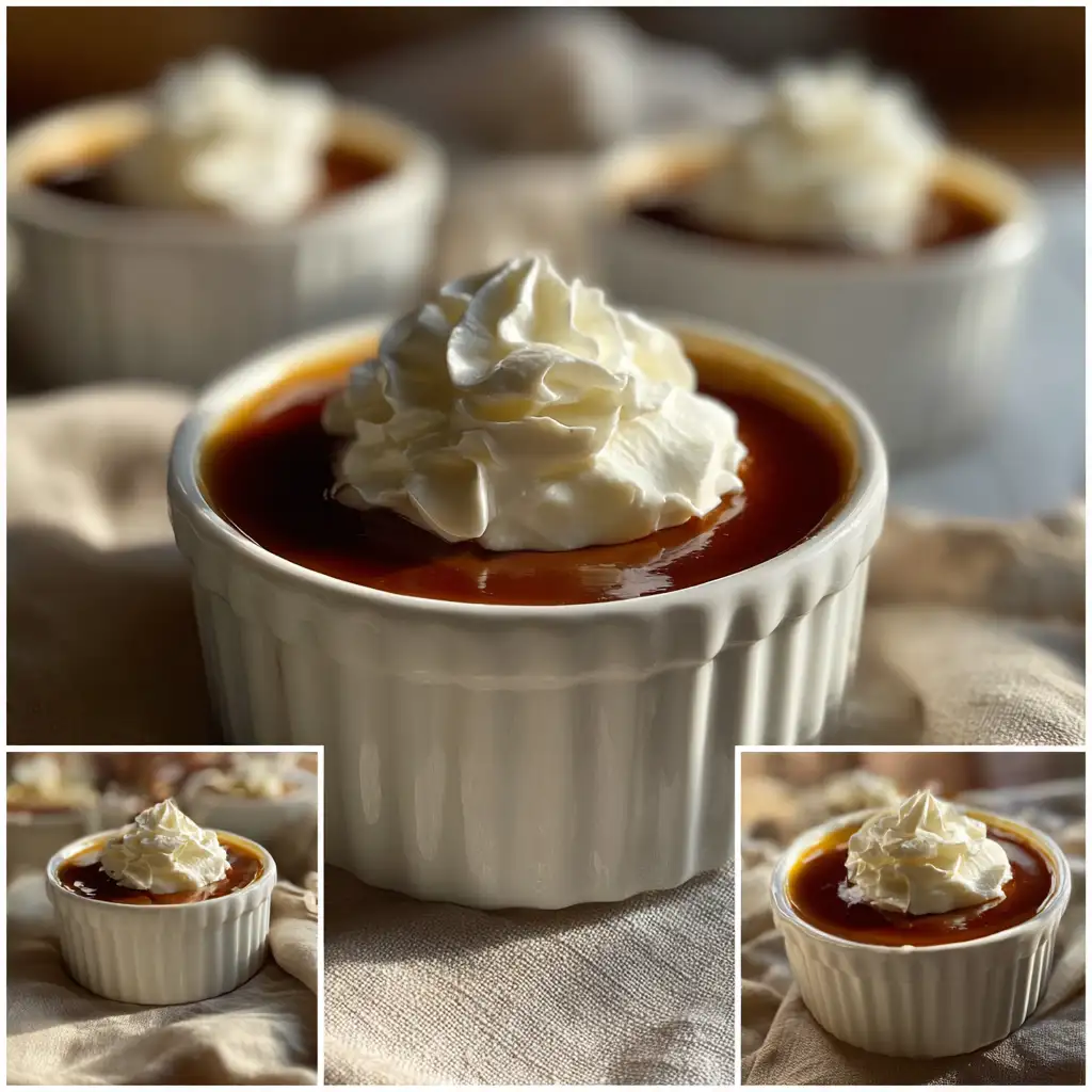Budino poured into ramekins chilling then served with whipped cream and caramel