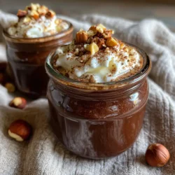 Chocolate hazelnut budino dessert in glass jar with hazelnuts