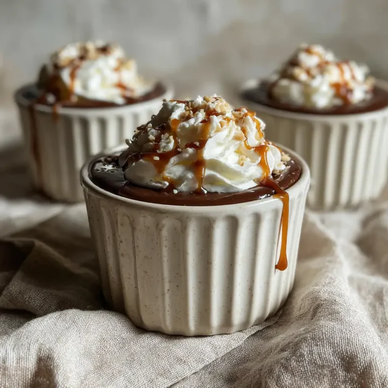 Chocolate hazelnut budino in ramekin with whipped cream and caramel
