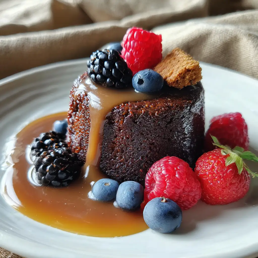 Chocolate hazelnut budino with caramel, biscotti, and berries