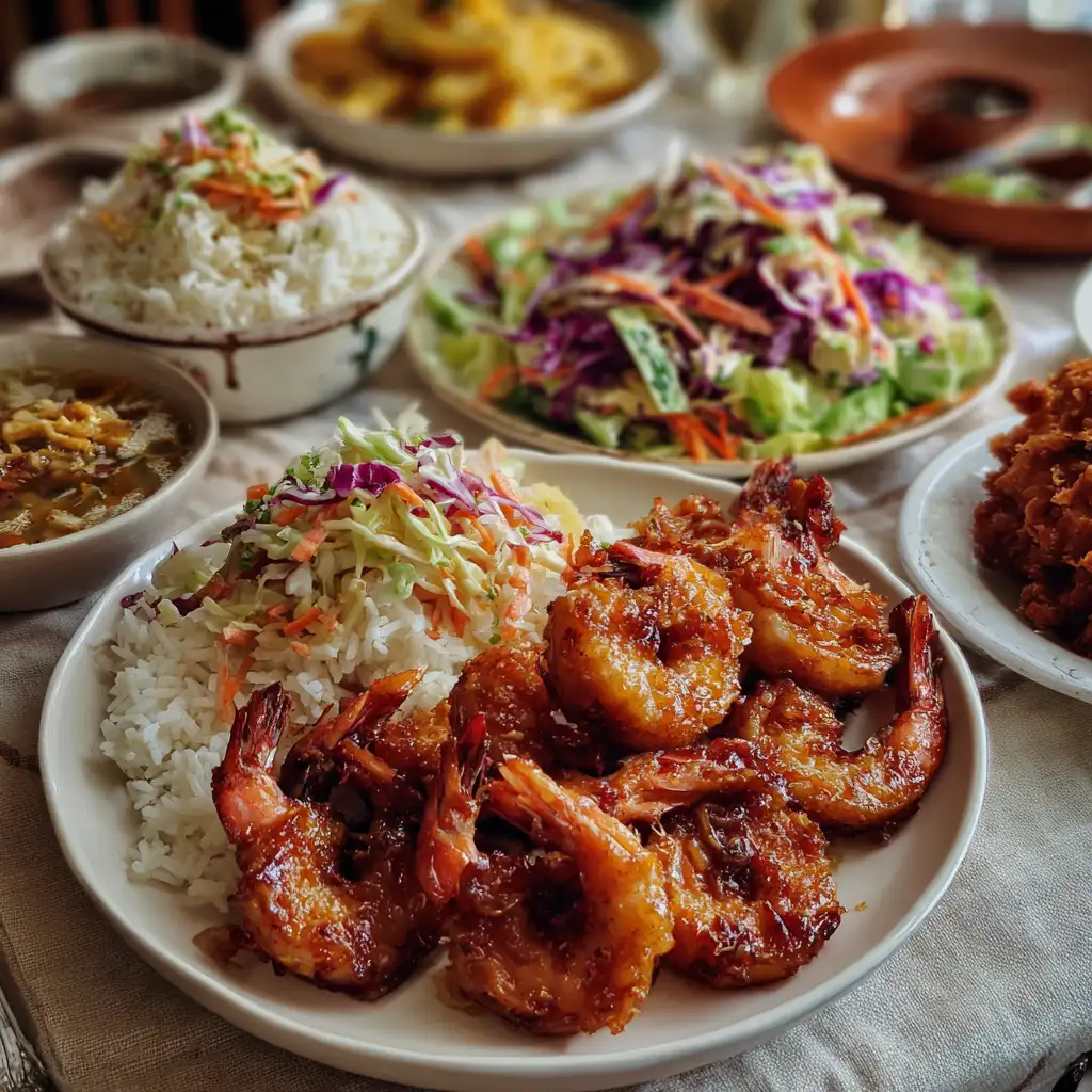 Coconut shrimp dishes with tropical rice and salad sides