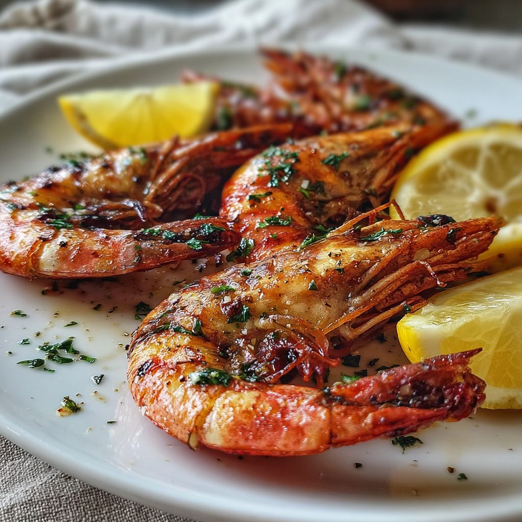 Cooked Argentine red shrimp with lemon and herbs