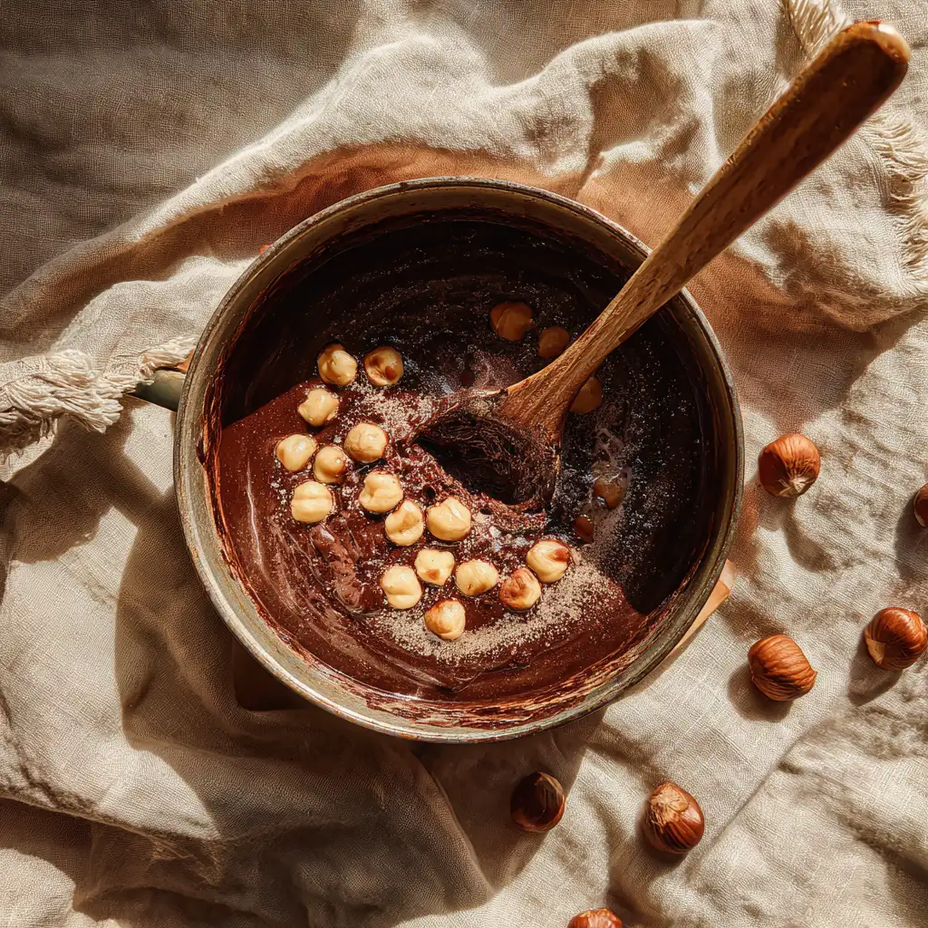 Chocolate hazelnut budino custard cooking on stove