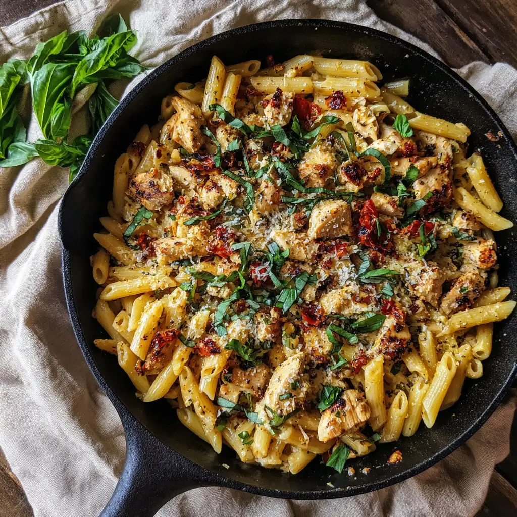 Cooking Marry Me Chicken Pasta in skillet with basil garnish