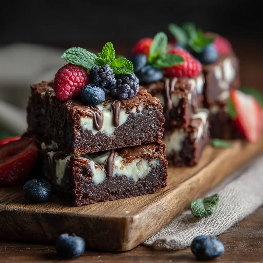 Sliced cream cheese brownies on serving board