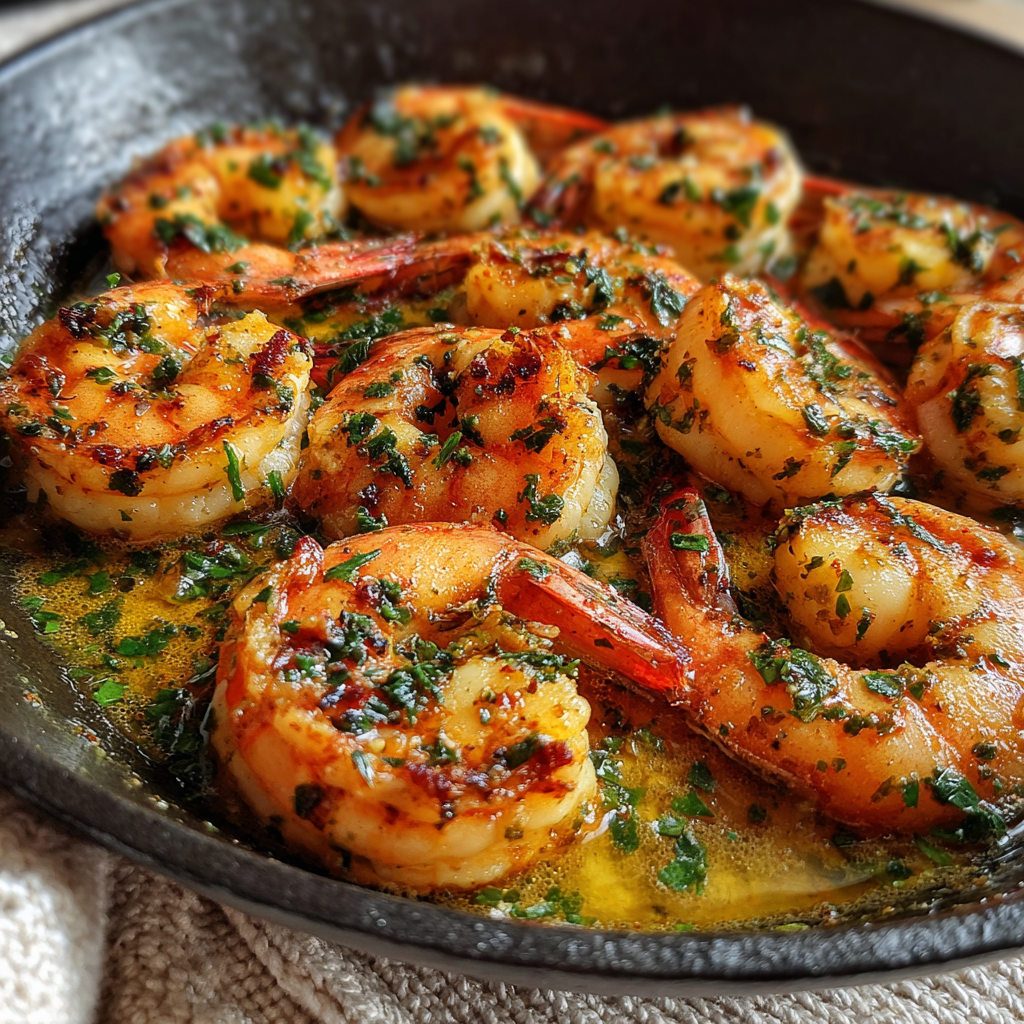 Garlic butter Argentine red shrimp in skillet