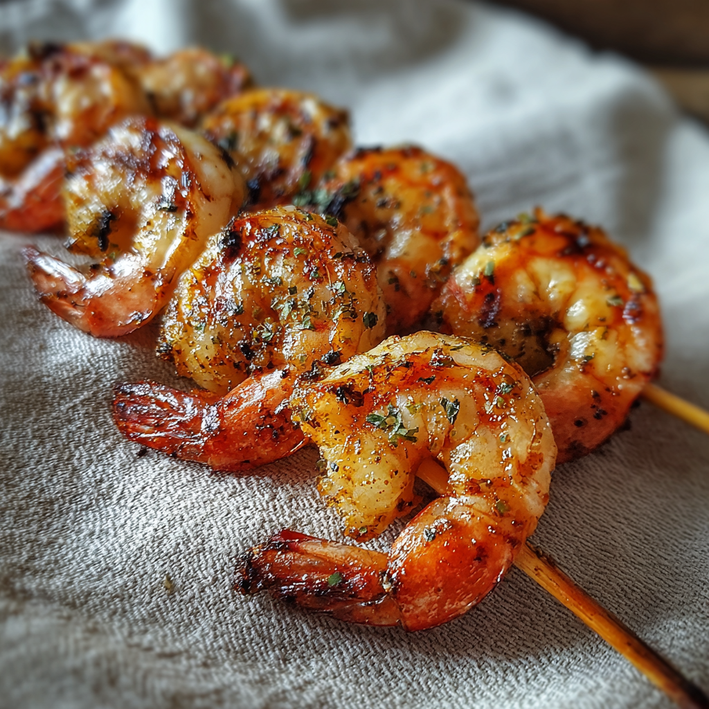 Grilled Argentine red shrimp skewers over flame