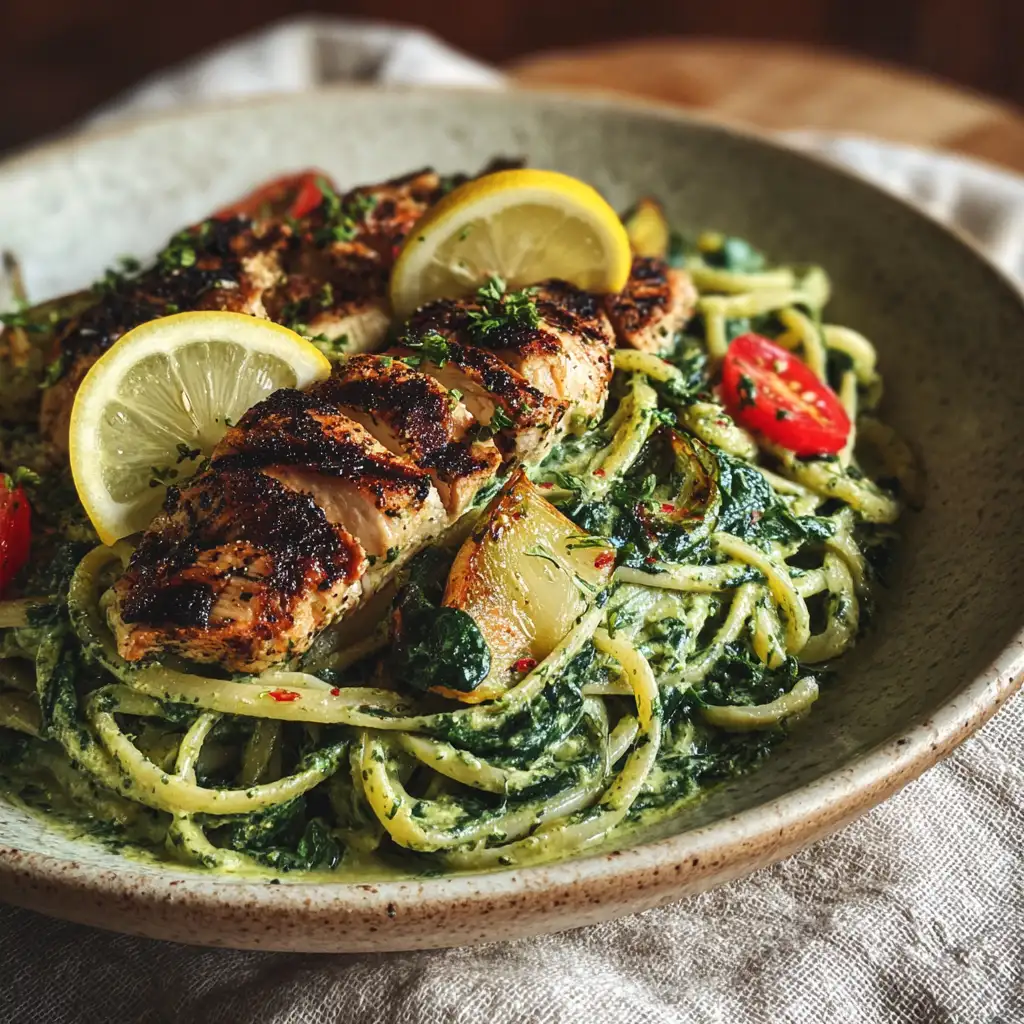 Healthy spinach green pasta bowl with chicken and veggies