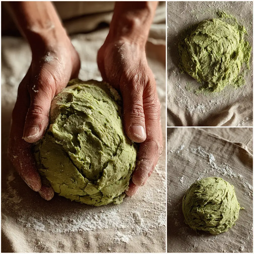 Kneading spinach green pasta dough at home